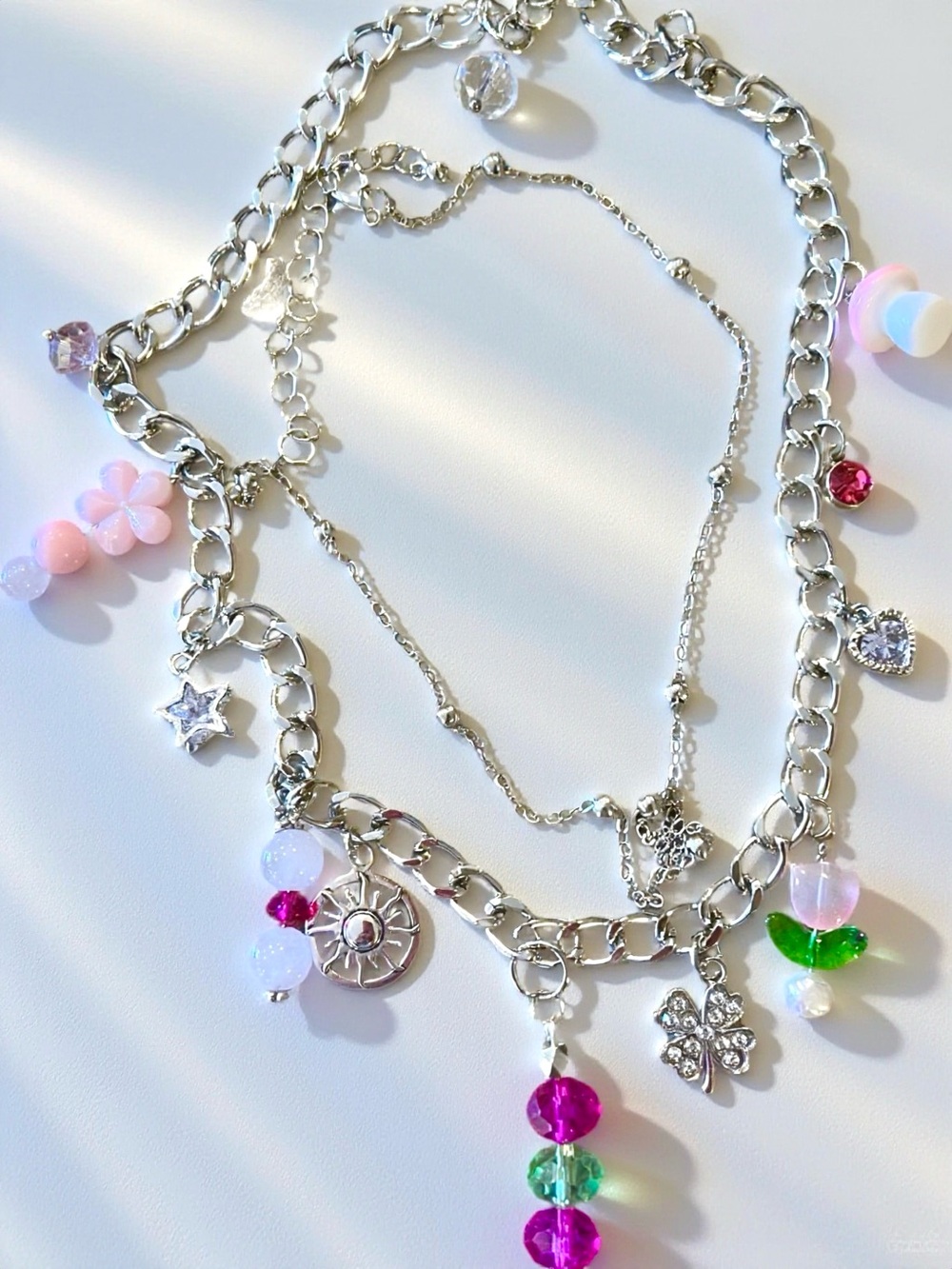 Silver Charm Necklace with Pink and Green Beads and Crystals